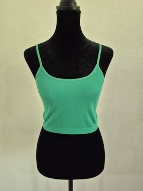 Green Ribbed Spaghetti-Strap Crop Camisole